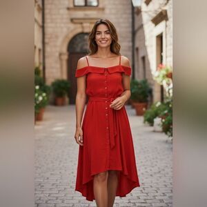 T.J.D. Red Flowy Off-the-Shoulder Belted High-Low Maxi Button Down Dress Women L